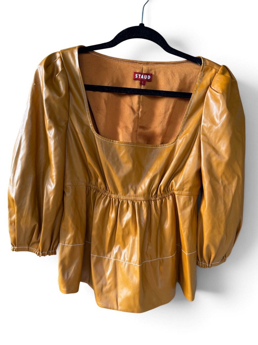 STaud Women’s S yellow Faux Leather Puff Sleeve Peplum Square Neck Blouse Top